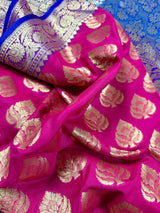 Pink with Purple & Blue Banarasi saree in banarasi silk with muted gold buttis with traditional borders — Kaash Collection