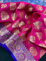 Pink with Purple & Blue Banarasi saree in banarasi silk with muted gold buttis with traditional borders — Kaash Collection