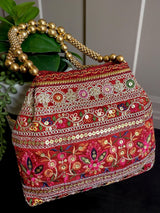 Raw Silk Floral Light Weight Potli Bag | Embroidery Work Potli Bags | Bags for Gifts | Wedding Bags | Pink, Yellow ,Cream, Maroon and Peach