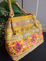 Raw Silk Floral Light Weight Potli Bag | Embroidery Work Potli Bags | Bags for Gifts | Wedding Bags | Pink, Yellow ,Cream, Maroon and Peach