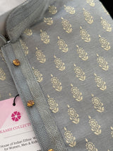 Designer Sliver Grey Kurta for Men in Banarasi Silk Embossed Buttis | Indian Wedding Kurta for Men | Kurta for Festive Occasions