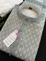 Designer Sliver Grey Kurta for Men in Banarasi Silk Embossed Buttis | Indian Wedding Kurta for Men | Kurta for Festive Occasions