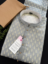 Designer Sliver Grey Kurta for Men in Banarasi Silk Embossed Buttis | Indian Wedding Kurta for Men | Kurta for Festive Occasions