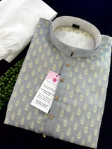 Designer Sliver Grey Kurta for Men in Banarasi Silk Embossed Buttis | Indian Wedding Kurta for Men | Kurta for Festive Occasions