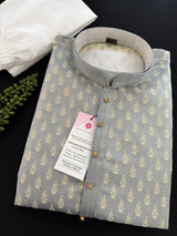 Designer Sliver Grey Kurta for Men in Banarasi Silk Embossed Buttis | Indian Wedding Kurta for Men | Kurta for Festive Occasions