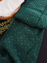 Readymade Bottle Green Sequin Chikhenkari Embroidery Kurta Pajama Set in Gorgette | Wedding Party Sequin Chikhenkari Kurta for Men