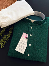 Readymade Bottle Green Sequin Chikhenkari Embroidery Kurta Pajama Set in Gorgette | Wedding Party Sequin Chikhenkari Kurta for Men
