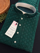 Readymade Bottle Green Sequin Chikhenkari Embroidery Kurta Pajama Set in Gorgette | Wedding Party Sequin Chikhenkari Kurta for Men