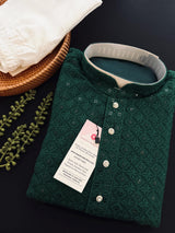 Readymade Bottle Green Sequin Chikhenkari Embroidery Kurta Pajama Set in Gorgette | Wedding Party Sequin Chikhenkari Kurta for Men