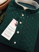Readymade Bottle Green Sequin Chikhenkari Embroidery Kurta Pajama Set in Gorgette | Wedding Party Sequin Chikhenkari Kurta for Men