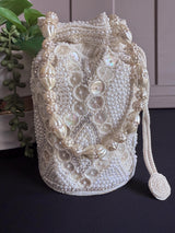 Pearl Potli Bag | Zircon Beaded Studded Clutch | Wedding Purse in Pearl | Handmade, Embellished Long Potli Bags for Wedding and Gifts