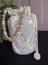 Pearl Potli Bag | Zircon Beaded Studded Clutch | Wedding Purse in Pearl | Handmade, Embellished Long Potli Bags for Wedding and Gifts