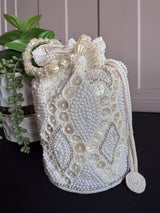 Pearl Potli Bag | Zircon Beaded Studded Clutch | Wedding Purse in Pearl | Handmade, Embellished Long Potli Bags for Wedding and Gifts