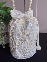 Pearl Potli Bag | Zircon Beaded Studded Clutch | Wedding Purse in Pearl | Handmade, Embellished Long Potli Bags for Wedding and Gifts