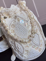 Pearl Potli Bag | Zircon Beaded Studded Clutch | Wedding Purse in Pearl | Handmade, Embellished Long Potli Bags for Wedding and Gifts