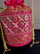 Hot Pink Color Long Potli Bag for Party and Wedding | Handmade Indian Handbag with Sequin and Zari | Embellished Potli Bag for Wedding Gift