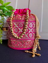 Hot Pink Color Long Potli Bag for Party and Wedding | Handmade Indian Handbag with Sequin and Zari | Embellished Potli Bag for Wedding Gift