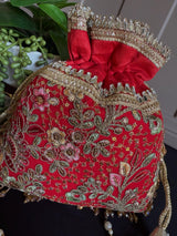 Red Color Raw Silk Floral Light Weight Potli Bag | Embroidery Work Potli Bags | Bags for Gifts | Wedding Bags