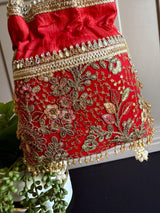 Red Color Raw Silk Floral Light Weight Potli Bag | Embroidery Work Potli Bags | Bags for Gifts | Wedding Bags