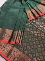 Bottle Green Color Handloom Bengal Linen Silk Saree with Red Borders and Cooper Zari Weaving | Linen Saree | Handwoven Sarees
