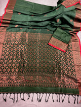 Bottle Green Color Handloom Bengal Linen Silk Saree with Red Borders and Cooper Zari Weaving | Linen Saree | Handwoven Sarees