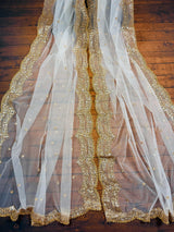 Pearl White Color Net Dupatta with Gold Zari, Sequin and Beads | White Dupatta | Sequin Dupattas | Indian Dupatta for Lehanga