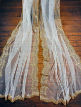 Pearl White Color Net Dupatta with Gold Zari, Sequin and Beads | White Dupatta | Sequin Dupattas | Indian Dupatta for Lehanga