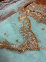 Pastel Sea Blue Color Net Dupatta with Gold Zari, Sequin and Beads | Pastel Wedding Dupattas | Sequin Dupattas | Indian Dupatta for Lehanga