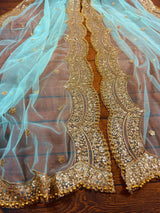 Pastel Sea Blue Color Net Dupatta with Gold Zari, Sequin and Beads | Pastel Wedding Dupattas | Sequin Dupattas | Indian Dupatta for Lehanga
