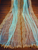 Pastel Sea Blue Color Net Dupatta with Gold Zari, Sequin and Beads | Pastel Wedding Dupattas | Sequin Dupattas | Indian Dupatta for Lehanga