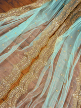 Pastel Sea Blue Color Net Dupatta with Gold Zari, Sequin and Beads | Pastel Wedding Dupattas | Sequin Dupattas | Indian Dupatta for Lehanga