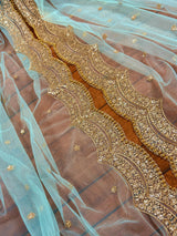 Pastel Sea Blue Color Net Dupatta with Gold Zari, Sequin and Beads | Pastel Wedding Dupattas | Sequin Dupattas | Indian Dupatta for Lehanga