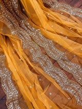 Tumeric Yellow Color Net Dupatta with Gold Zari, Sequin and Beads | Wedding Dupatta | Sequin Dupattas | Indian Dupatta for Lehanga