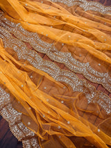 Tumeric Yellow Color Net Dupatta with Gold Zari, Sequin and Beads | Wedding Dupatta | Sequin Dupattas | Indian Dupatta for Lehanga