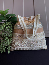 Beige Color Wedding Potli Bag | Handmade Embellished Pearl and Artifical Mirrors | Desi Indian Pakistani Wedding Purse | Evening Party Purse