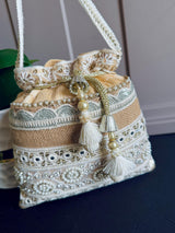 Beige Color Wedding Potli Bag | Handmade Embellished Pearl and Artifical Mirrors | Desi Indian Pakistani Wedding Purse | Evening Party Purse