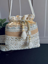Beige Color Wedding Potli Bag | Handmade Embellished Pearl and Artifical Mirrors | Desi Indian Pakistani Wedding Purse | Evening Party Purse