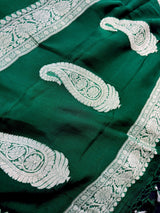 Bottle Green Pure Chiffon Silk Saree with Sliver Zari Work  | Party Wear Pure Chiffon Sarees | Silk Mark Certified