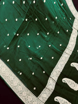 Bottle Green Pure Chiffon Silk Saree with Sliver Zari Work  | Party Wear Pure Chiffon Sarees | Silk Mark Certified