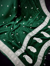 Bottle Green Pure Chiffon Silk Saree with Sliver Zari Work  | Party Wear Pure Chiffon Sarees | Silk Mark Certified