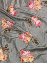 Slate Grey Color Floral Print Saree with Lucknowi Embroidery and Crochet Lace Work | Satin Silk Saree | Floral Saree | Kaash Collection