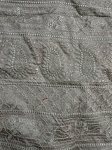 Slate Grey Color Floral Print Saree with Lucknowi Embroidery and Crochet Lace Work | Satin Silk Saree | Floral Saree | Kaash Collection