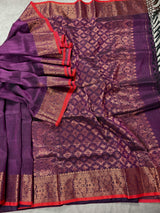 Eggplant Purple Color Handloom Bengal Linen Jamdani Silk Saree with Red Borders and Cooper Zari Weaving | Linen Saree | Handwoven Sarees