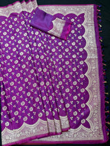 Plum Color Handloom Silk Saree in Banarasi Mashru Satin Silk Saree | Muted Gold Zari and Tanchoi Weave