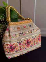 Raw Silk Floral Light Weight Potli Bag | Embroidery Work Potli Bags | Bags for Gifts | Wedding Bags | Pink, Yellow ,Cream, Maroon and Peach