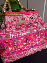 Raw Silk Floral Light Weight Potli Bag | Embroidery Work Potli Bags | Bags for Gifts | Wedding Bags | Pink, Yellow ,Cream, Maroon and Peach