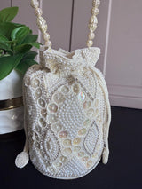 Pearl Potli Bag | Zircon Beaded Studded Clutch | Wedding Purse in Pearl | Handmade, Embellished Long Potli Bags for Wedding and Gifts