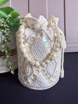 Pearl Potli Bag | Zircon Beaded Studded Clutch | Wedding Purse in Pearl | Handmade, Embellished Long Potli Bags for Wedding and Gifts