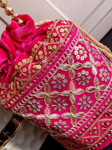 Hot Pink Color Long Potli Bag for Party and Wedding | Handmade Indian Handbag with Sequin and Zari | Embellished Potli Bag for Wedding Gift