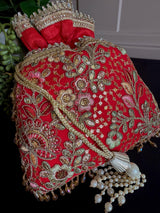 Red Color Raw Silk Floral Light Weight Potli Bag | Embroidery Work Potli Bags | Bags for Gifts | Wedding Bags